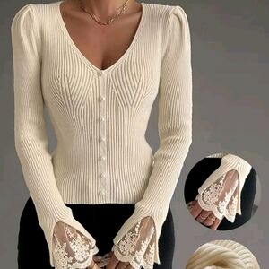 Cream Ribbed Button-Up Sweater with Lace Bell Cuffs